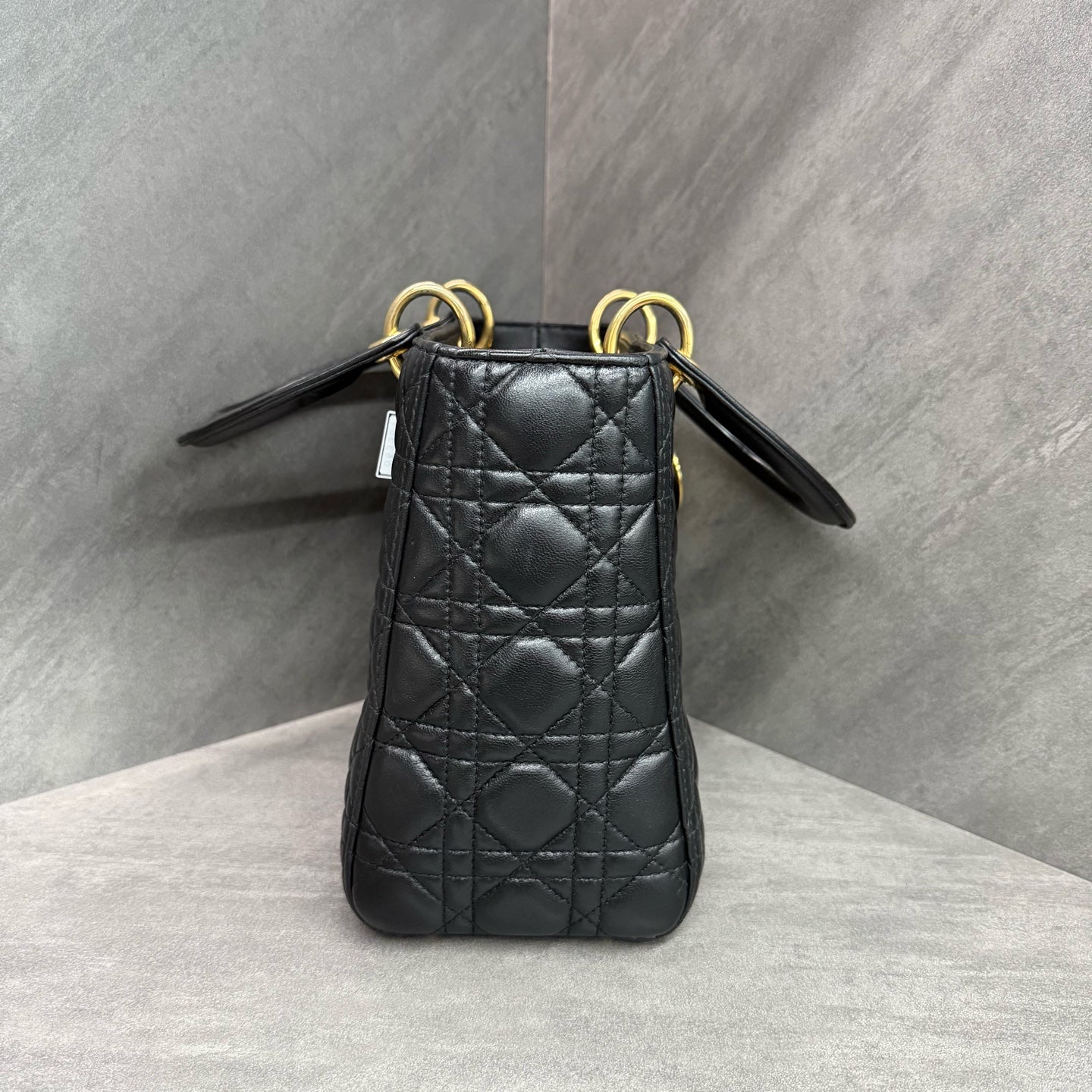 Dior Lady Dior 5-grid, black-gold lambskin, classic diamond quilting, gold hardware, 2013 serial number, in stock at favorable price