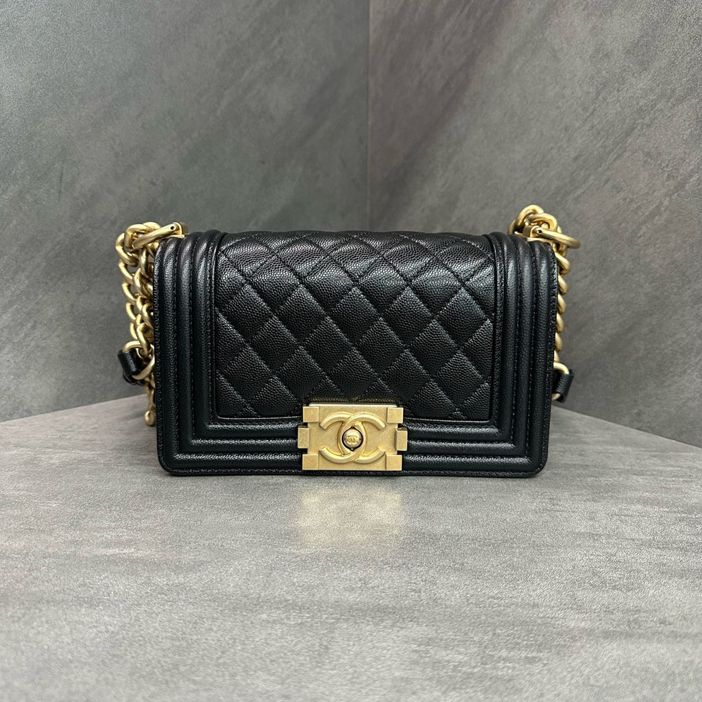 Chanel Le Boy Small Black Gold Lambskin Chain Bag 26 opening, structured shape, clean interior.