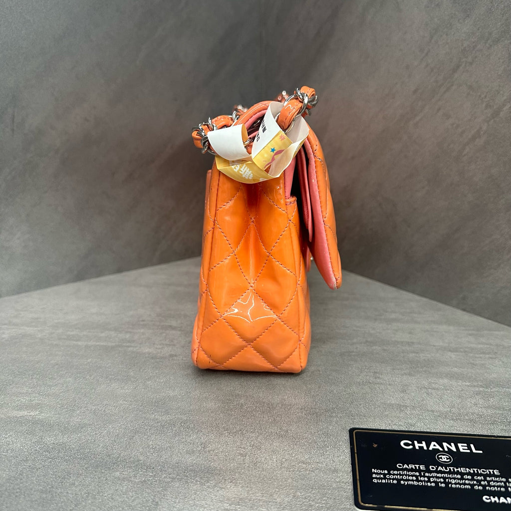 Chanel CF Medium Pink Silver Patent Leather Chain Bag 21 Series, structured shape, clean interior.