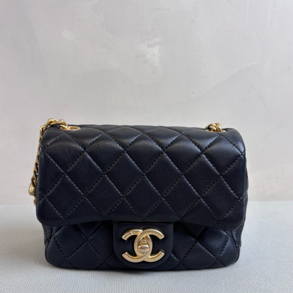 Chanel Black Gold Sheepskin Square “Fat Boy” Chain Bag 31 Size 17*12