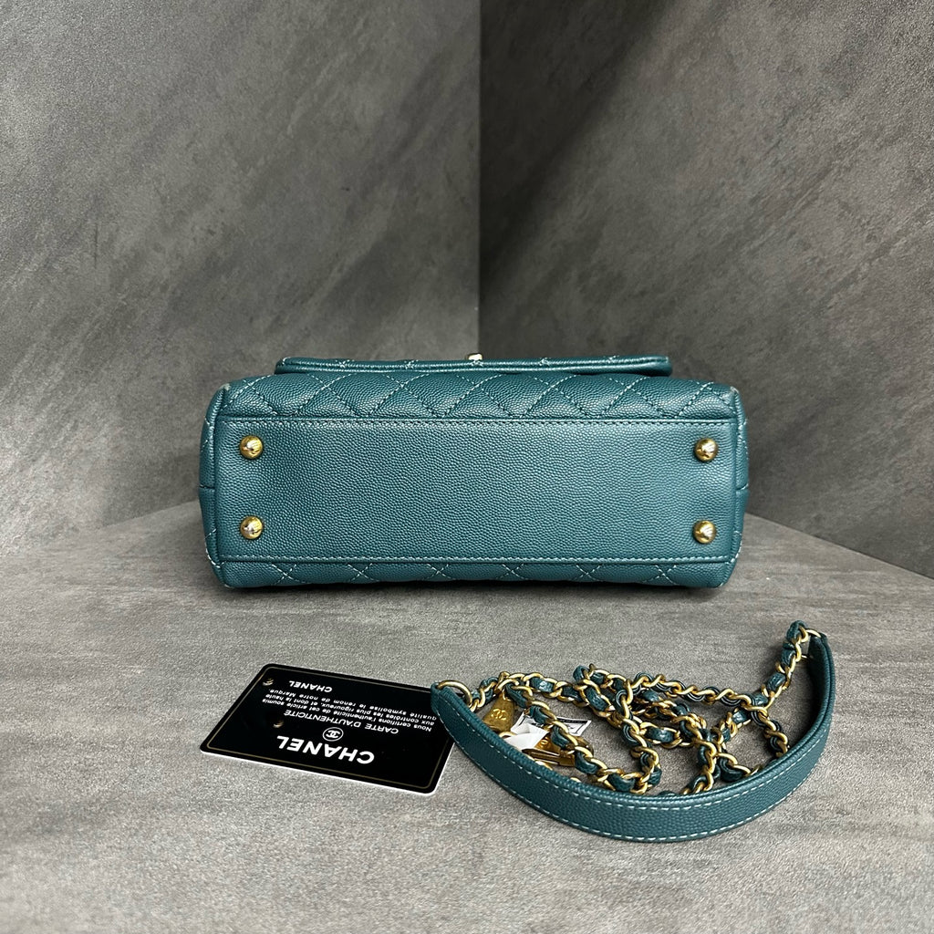 Chanel Coco Handle Small, Peacock Blue with Gold-tone Hardware, Grained Leather, 25-series with Authenticity Card