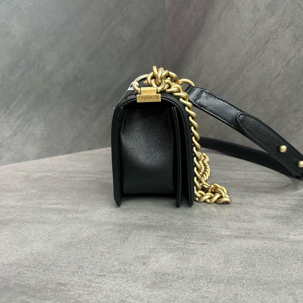 Chanel Le Boy Small Black Gold Lambskin Chain Bag 26 opening, structured shape, clean interior.