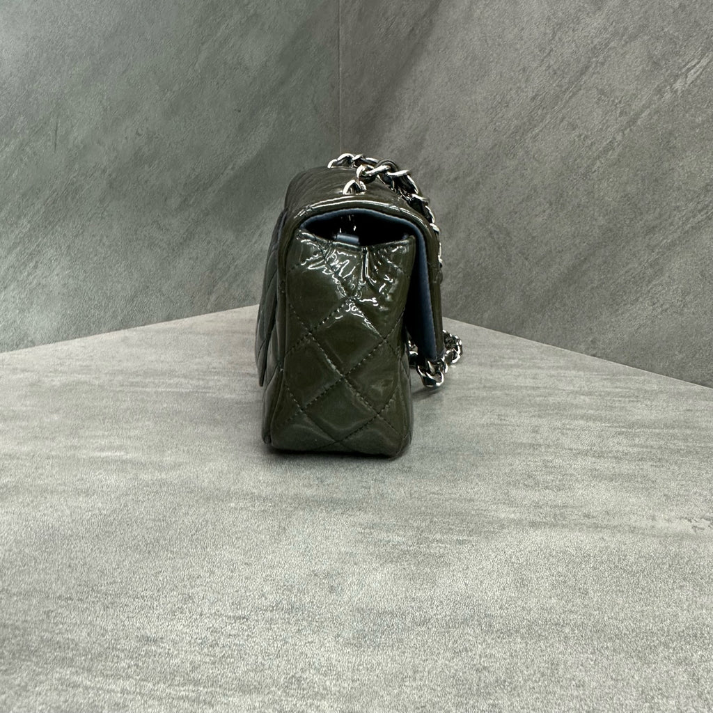 Chanel CF Large Mini Patent Leather Chain Bag with Silver-Tone Hardware, Olive Green, 20 Series