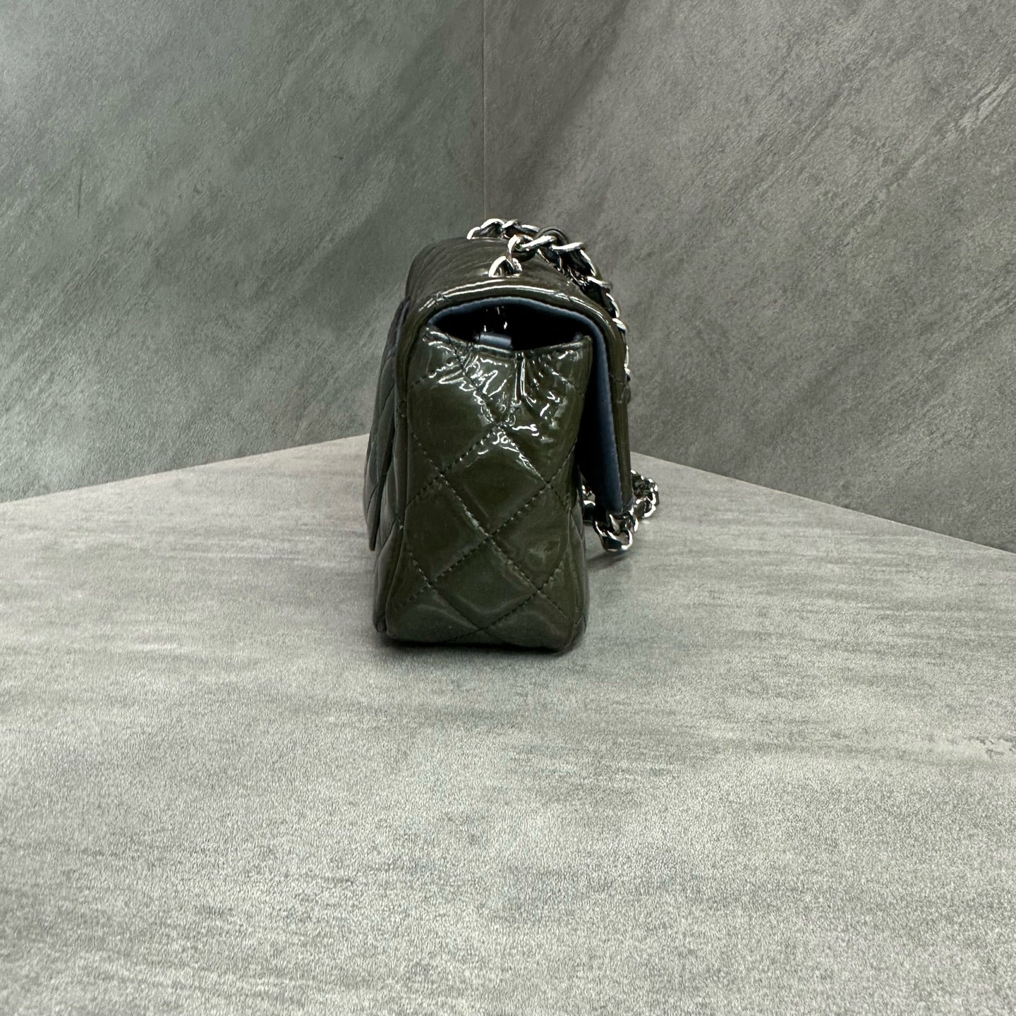 Chanel CF Large Mini Patent Leather Chain Bag with Silver-Tone Hardware, Olive Green, 20 Series