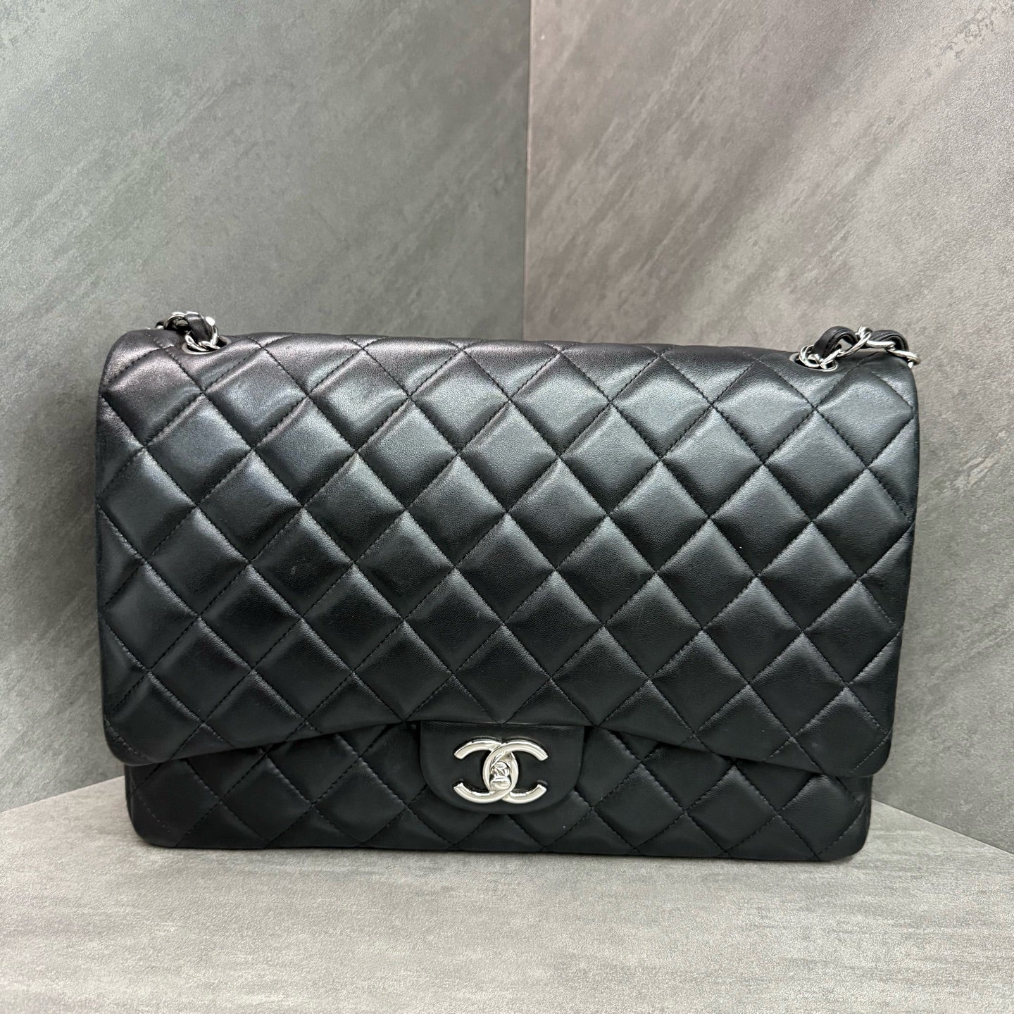 Chanel CF Maxi Black Lambskin Chain Bag with Silver Hardware, Size 16, Structured Shape, Clean Interior