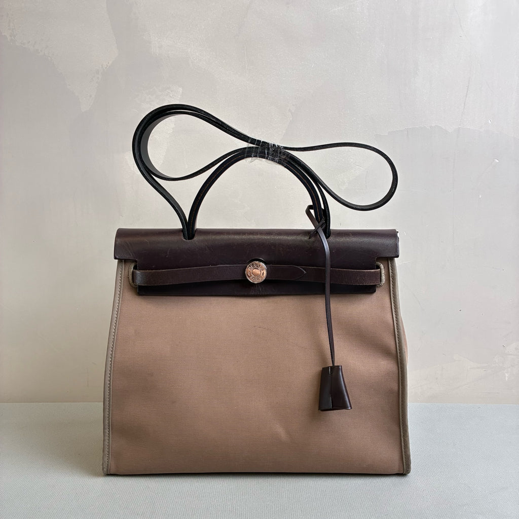 Hermes Herbag 31 Canvas and Leather, Dark Oak Color, Silver Hardware, T Stamp, 99% New
