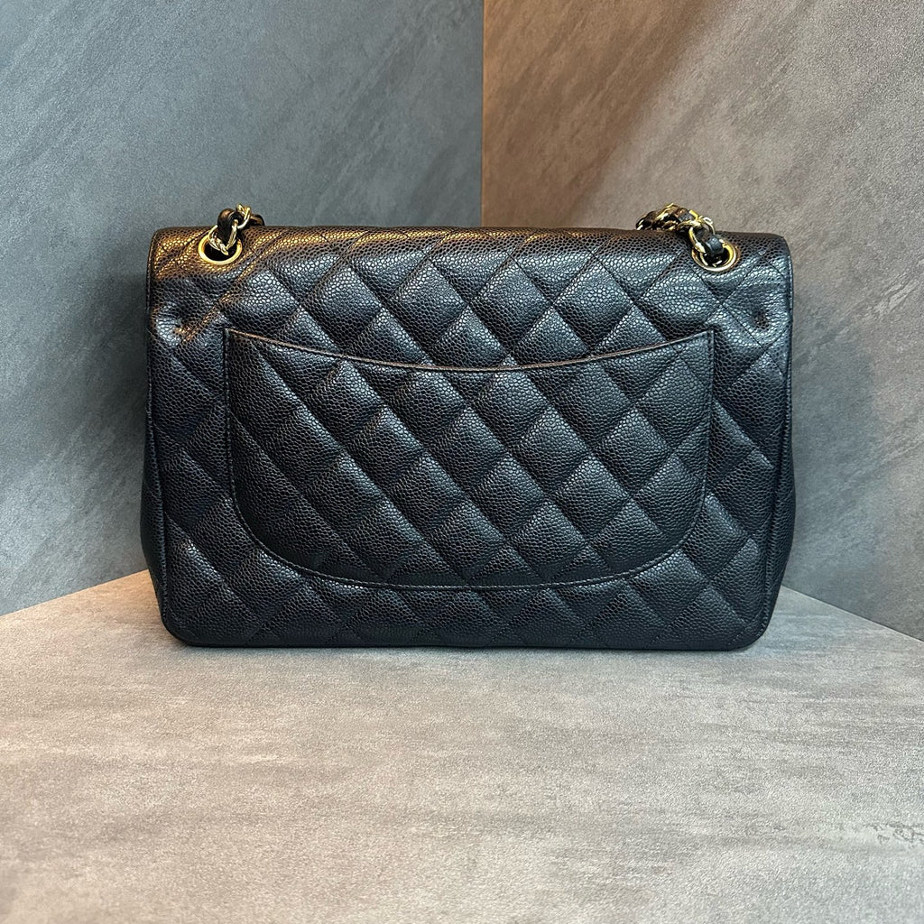 Chanel Jumbo Black & Gold Caviar Leather Chain Bag, 15 serial, structured shape, clean interior