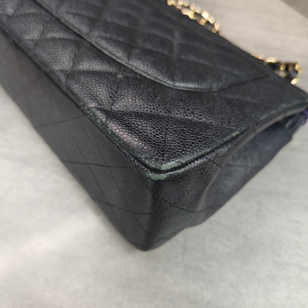 Chanel CF Jumbo Black and Gold Litchi Leather Chain Bag 16 Opening, Structured Shape, Clean Interior