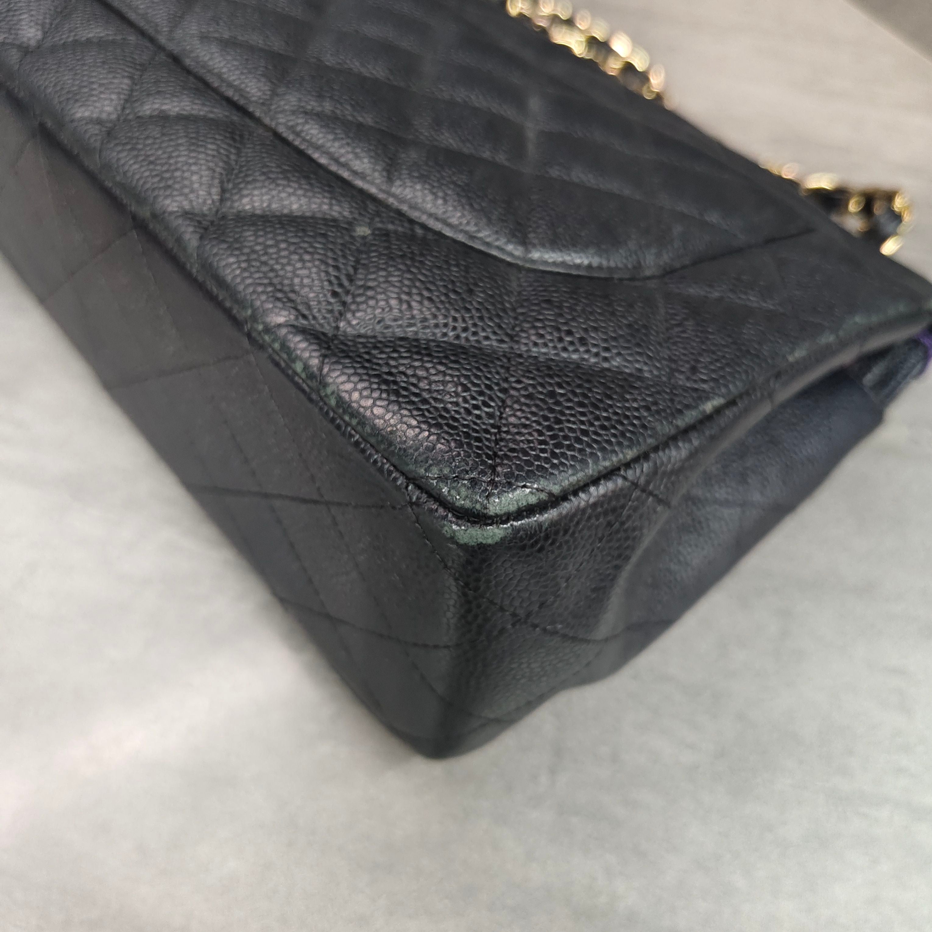 Chanel CF Jumbo Black and Gold Litchi Leather Chain Bag 16 Opening, Structured Shape, Clean Interior