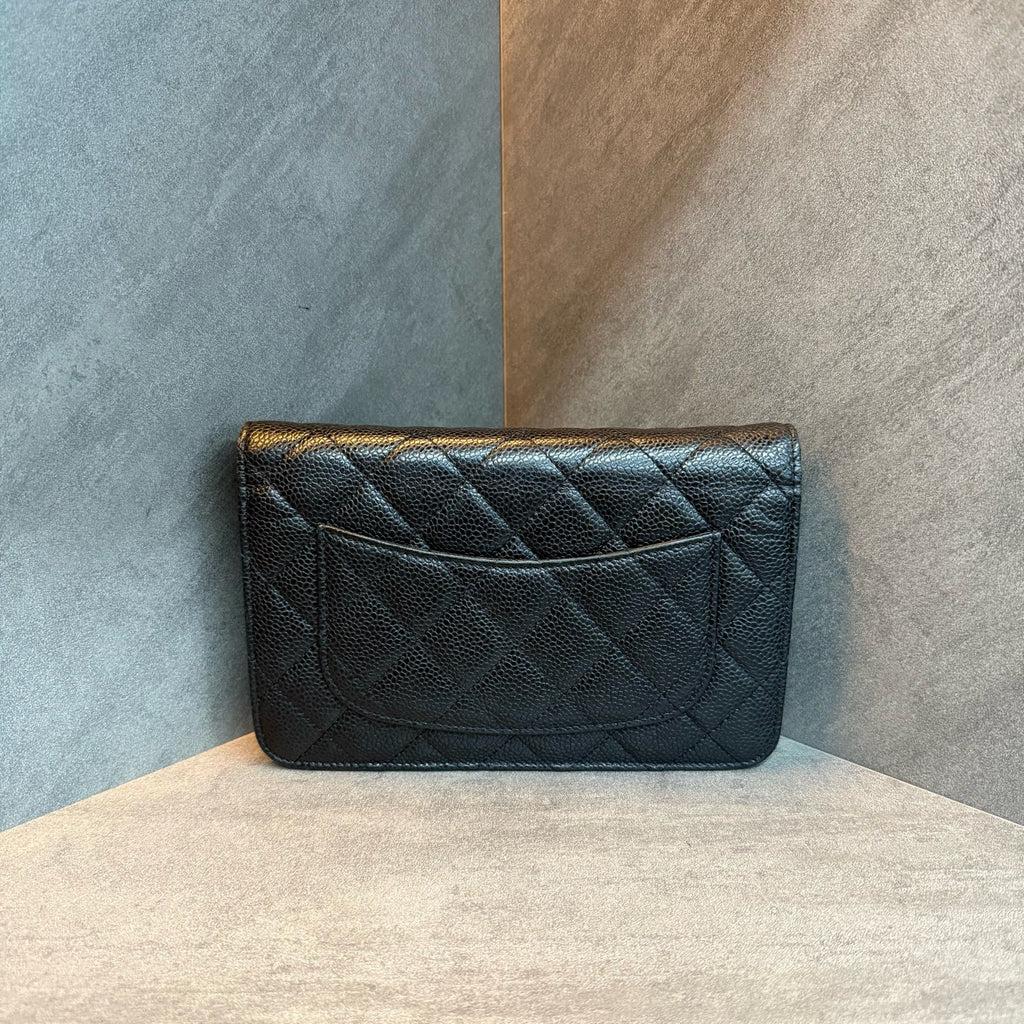 Chanel WOC Black Gold Litchi Leather Chain Bag, 20-series with card, original condition