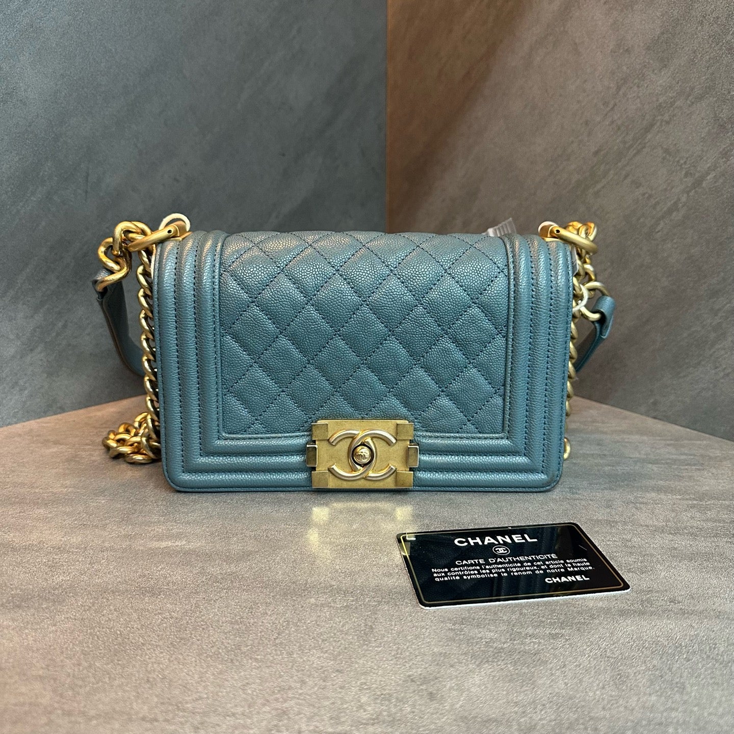 Chanel Le Boy Small Size, Green Gold Caviar Leather, 25 Series with Card