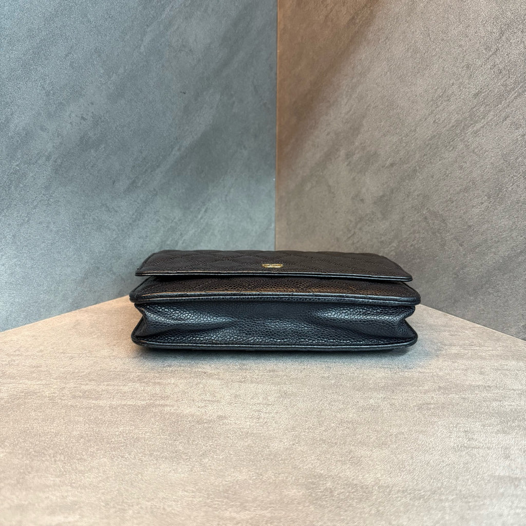 Chanel WOC Black Gold Litchi Leather Chain Bag, 20-series with card, original condition