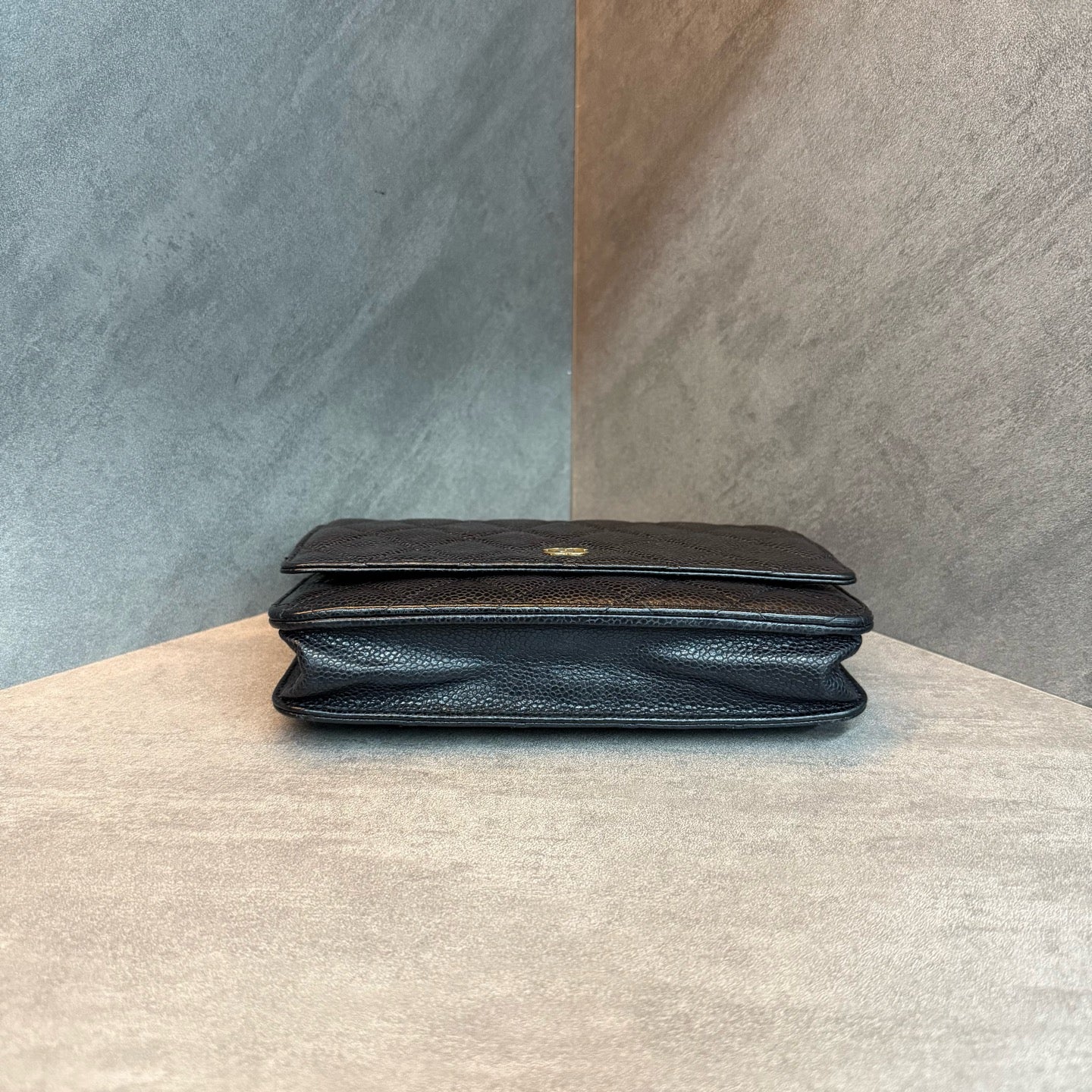 Chanel WOC Black Gold Litchi Leather Chain Bag, 20-series with card, original condition