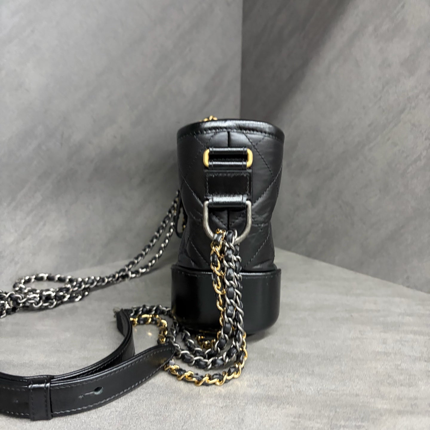 Chanel Black Gold Gabrielle Bag, small size, 25 series with authenticity card, structured silhouette, clean interior