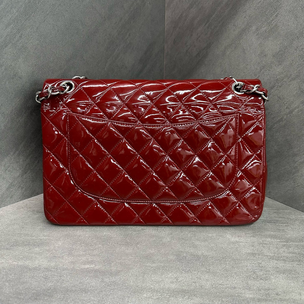 Chanel CF Jumbo Wine Red Silver Hardware Patent Leather Chain Bag 15cm, Structured Shape, Clean Interior