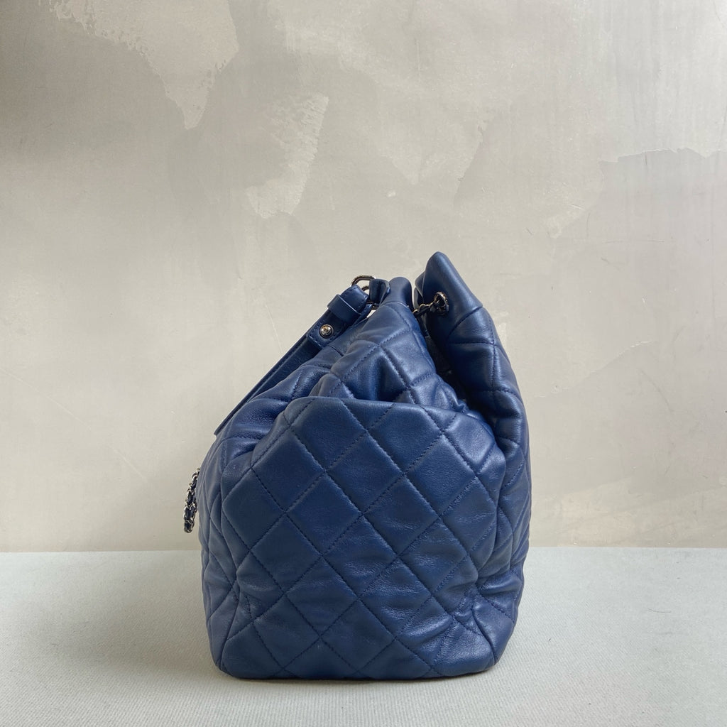 Chanel 97 New 23 Opening Deep Blue Quilted Bucket Bag 2 Ways Size 26.5*27
