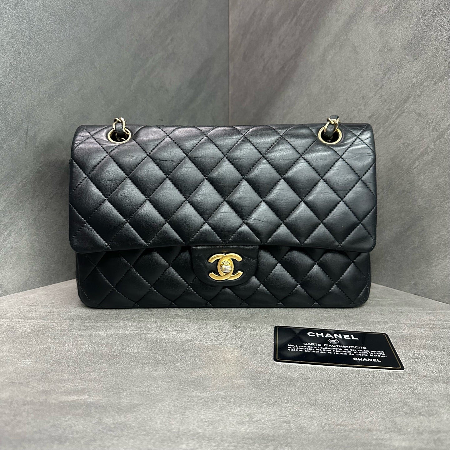 Chanel CF Medium Black Gold Lambskin Chain Bag, 16-size with card