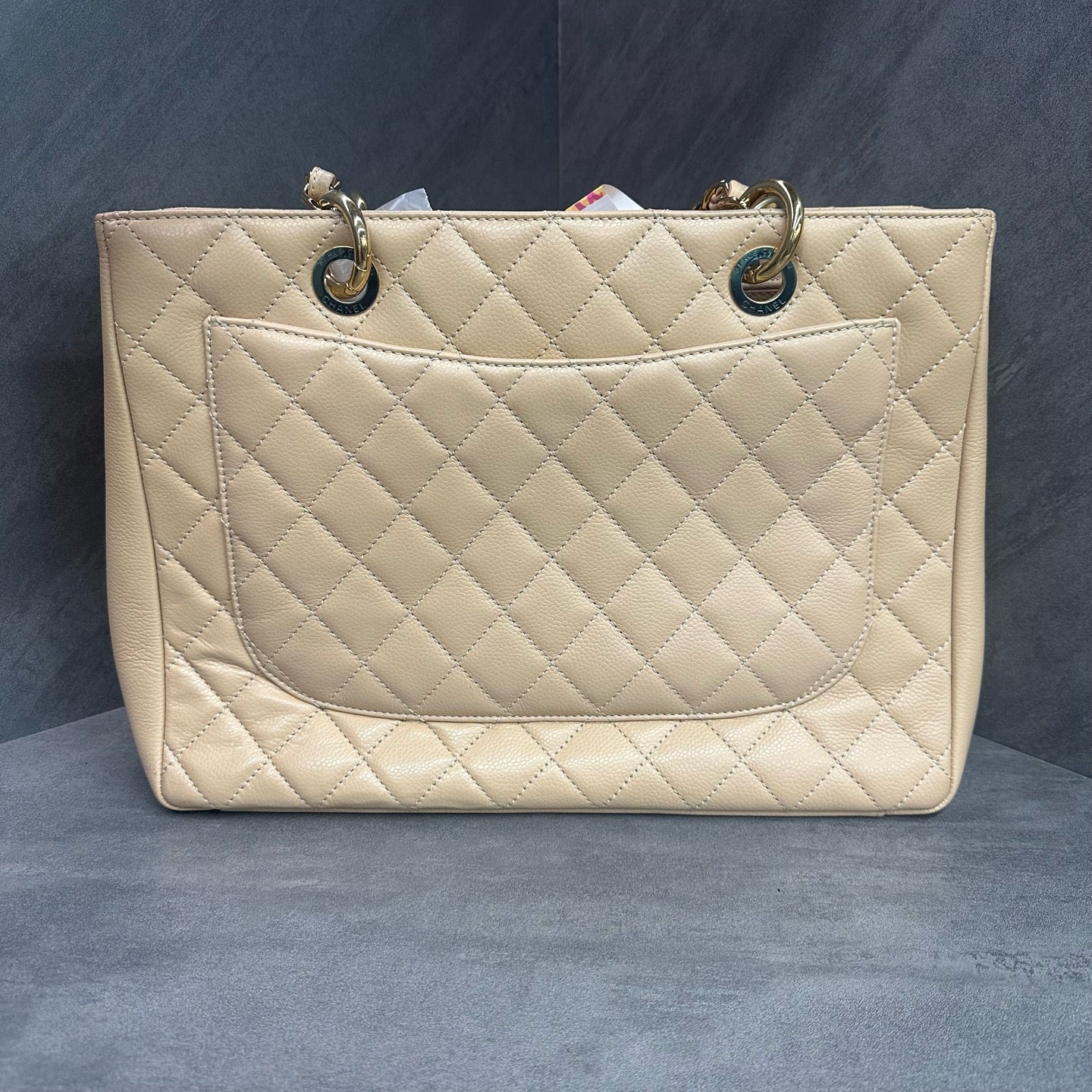 Chanel GST Milk Tea Color Gold Hardware Litchi Leather Tote Bag 19 with Card