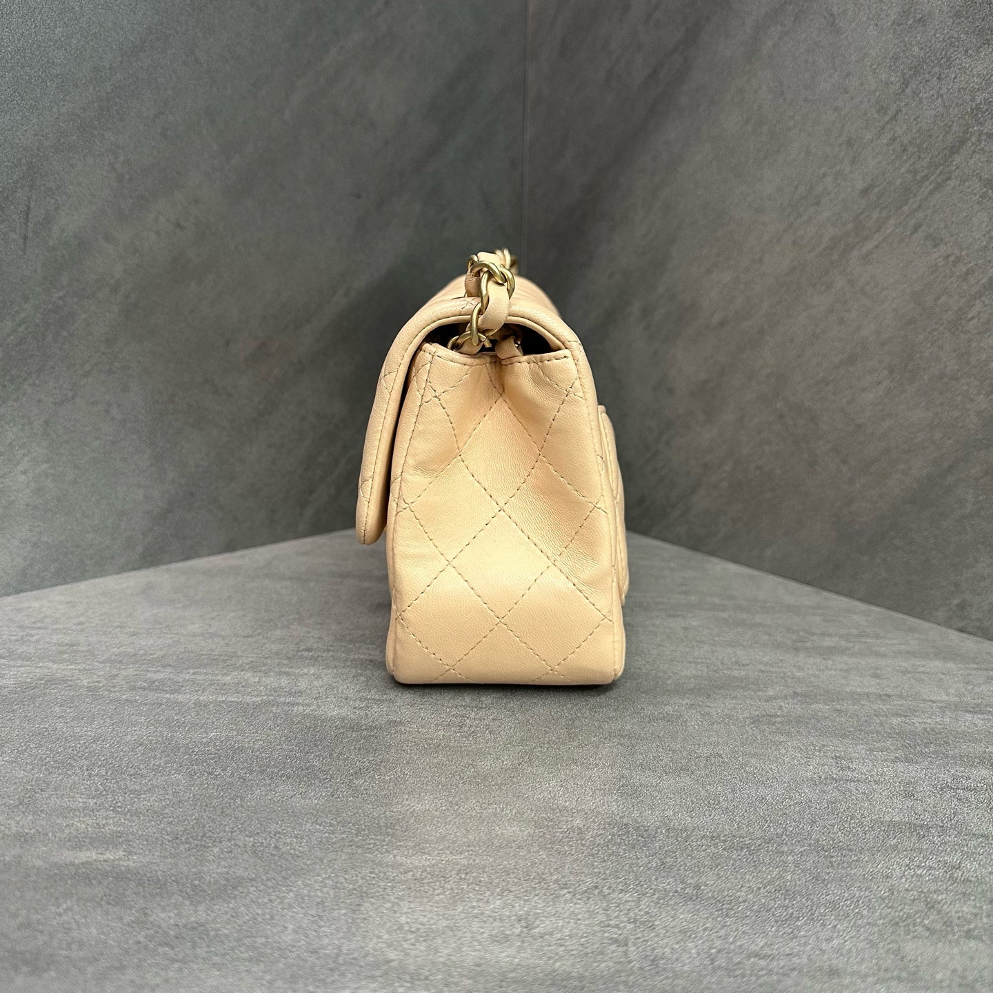 Chanel CF Square Bag in Metallic Gold Lambskin with Chain 27cm, structured shape, clean interior.