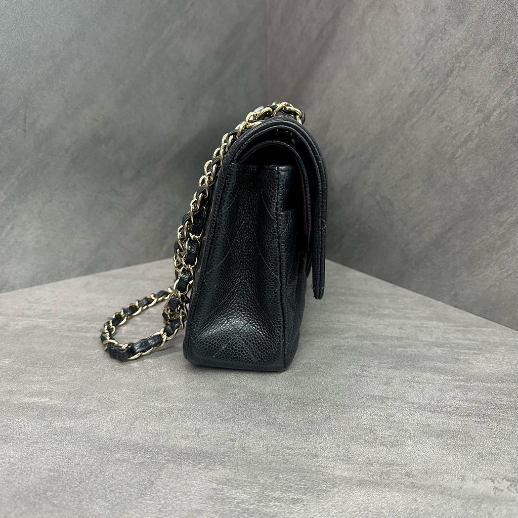 Chanel CF Medium Black Gold Litchi Leather Chain Bag 17 Series, Structured Shape, Clean Interior.