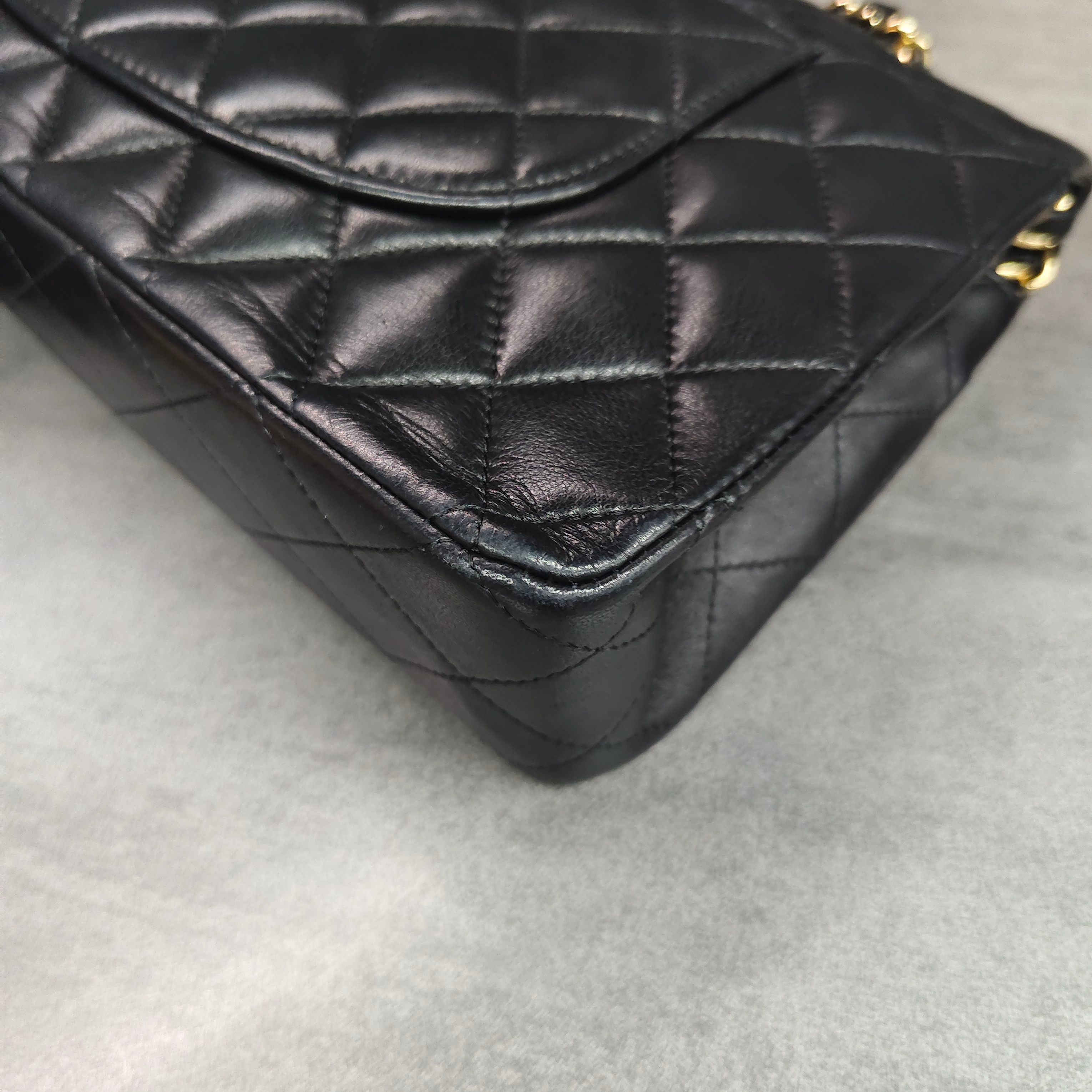Chanel CF Medium Black Gold Lambskin Chain Bag 12 Opening No Card Structured Shape Clean Interior