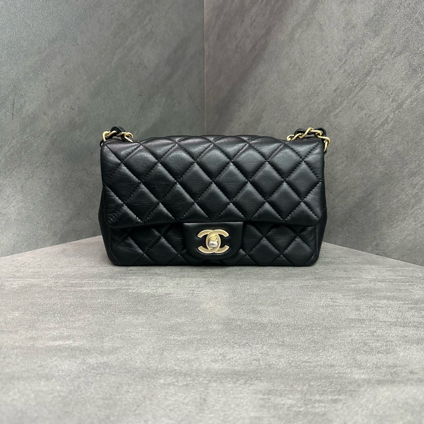Chanel CF Mini Black Gold Lambskin Chain Bag 27 Opening, Structured Shape, Clean Interior