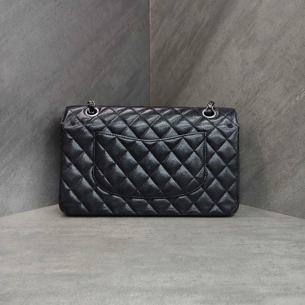 Chanel Cf Black and Silver Medium Litchi Leather 23 with No Card