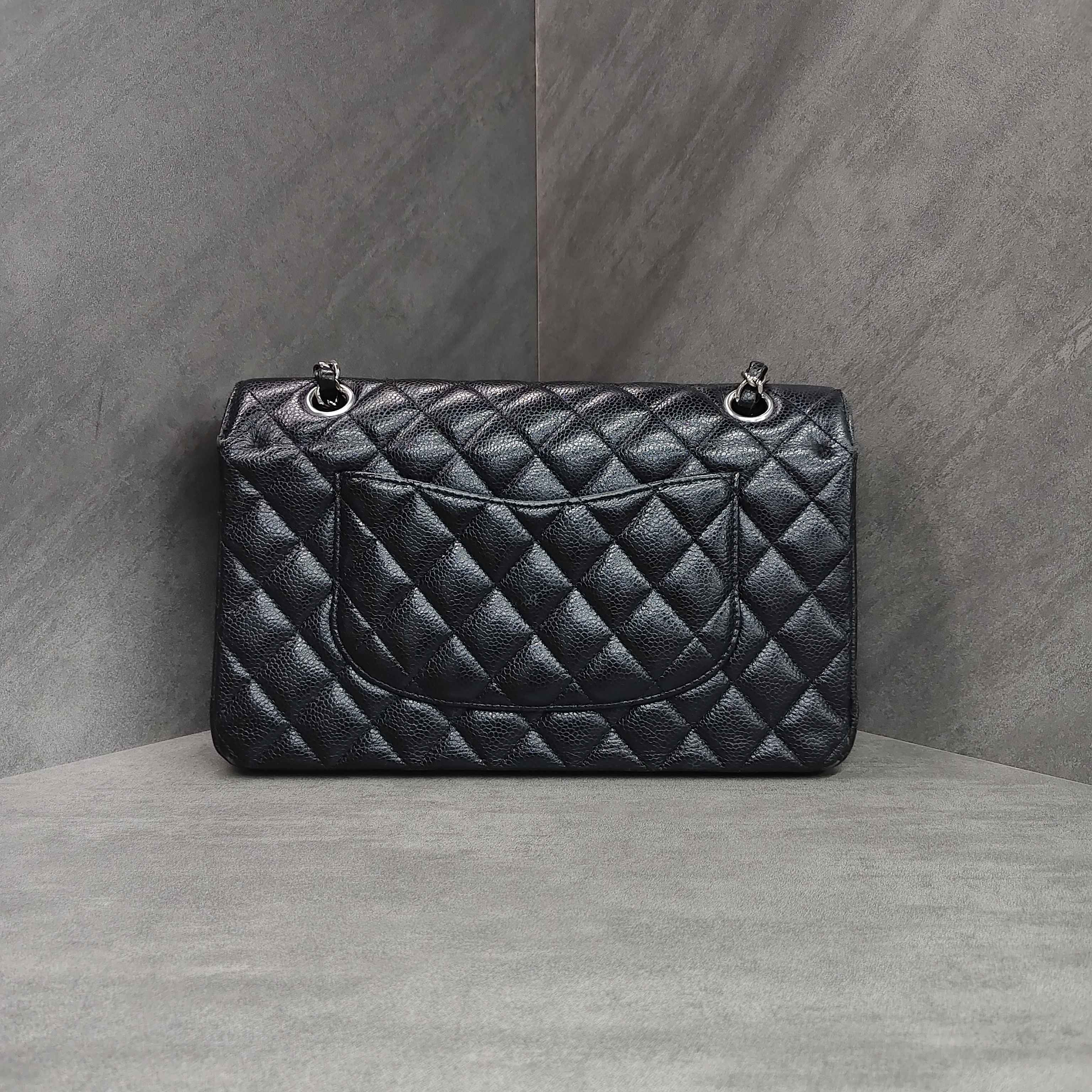Chanel Cf Black and Silver Medium Litchi Leather 23 with No Card
