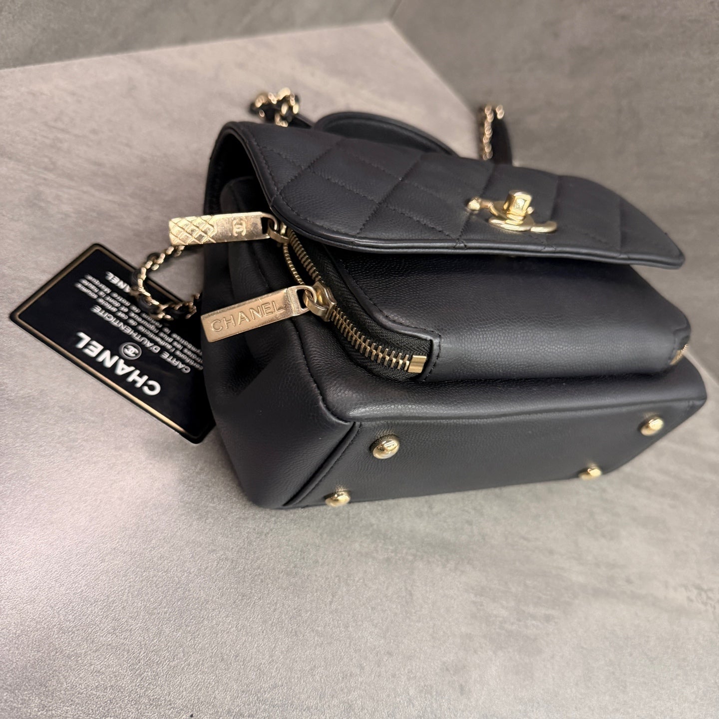 Chanel Affinity Small Black Gold Messenger Bag, Black Gold Litchi Cowhide, 27-series with authenticity card
