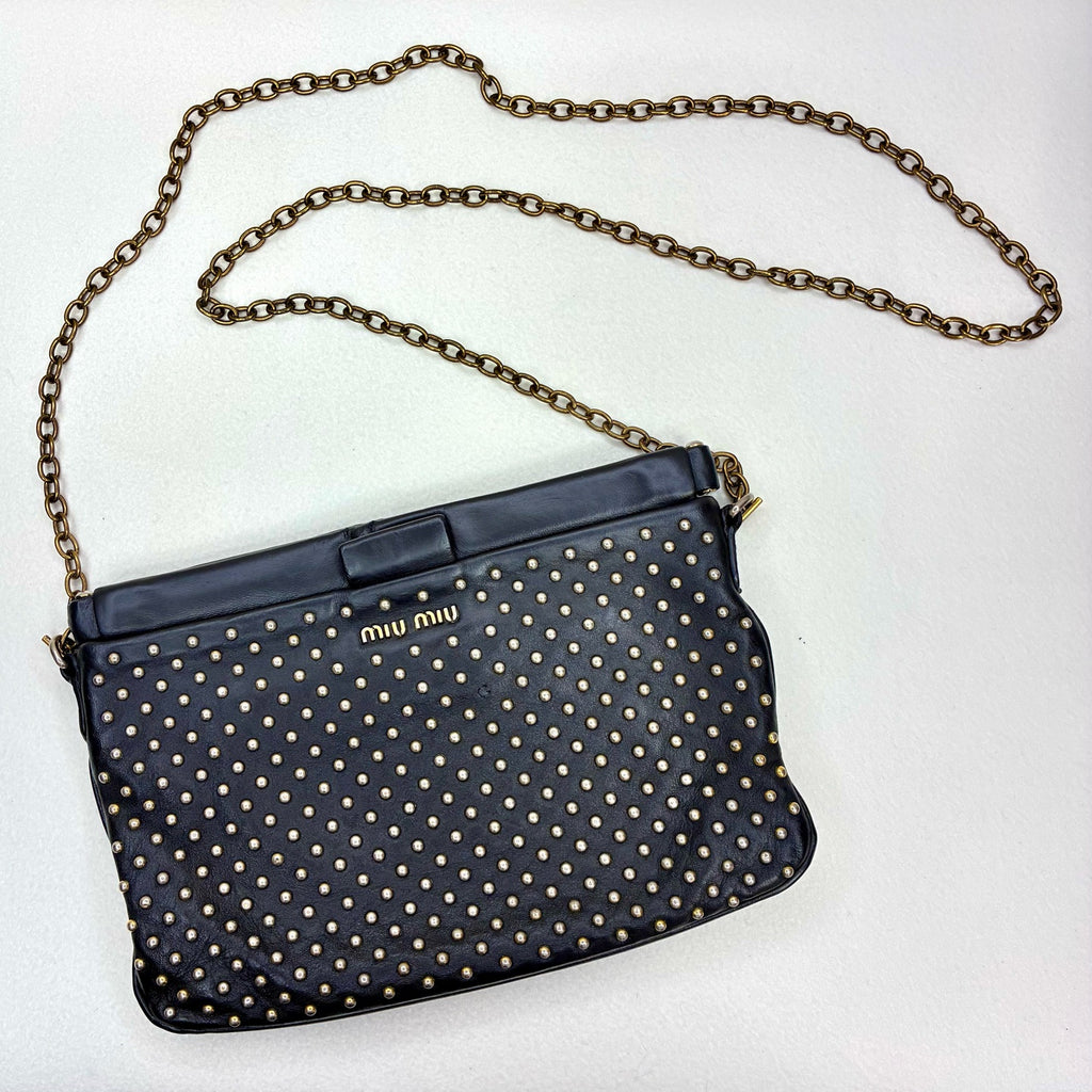 Miu Miu 95% new black studded clutch with gold stud embellishments, size: 18*14*5cm.