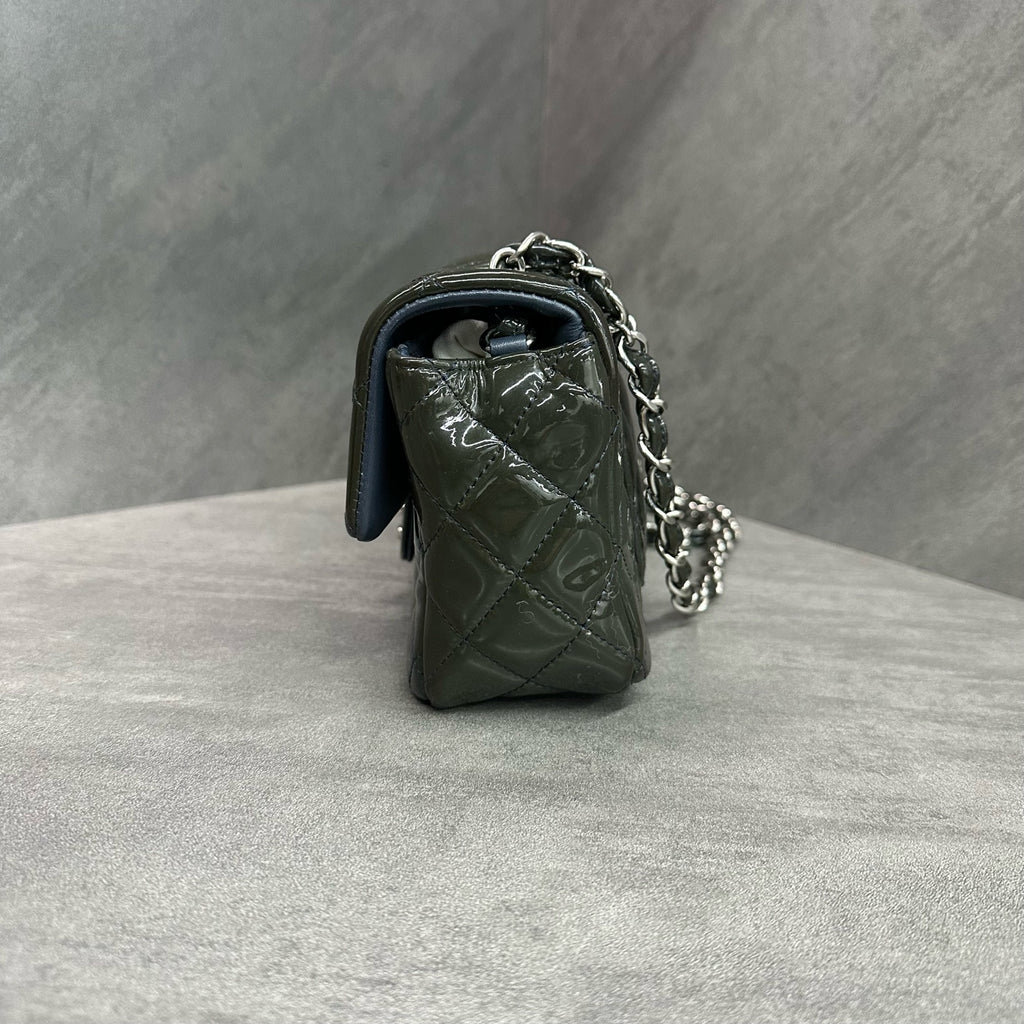 Chanel CF Mini Chain Bag in Patent Leather, Silver Hardware, Olive Green, Size 20