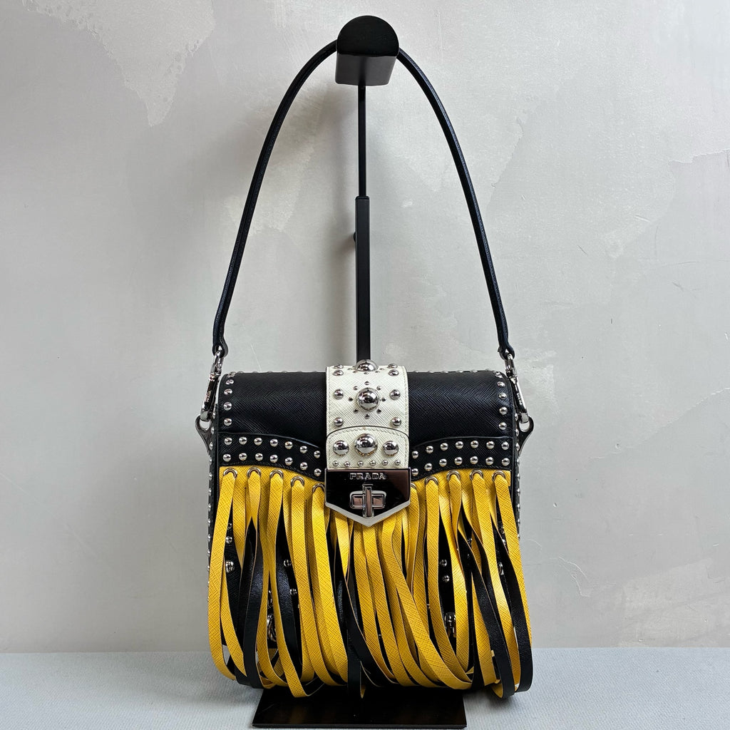 Prada 99% New Color-blocking Fringe Studded Single-shoulder Crossbody Bag Two Replacement Shoulder Straps Cowhide Size 19*18