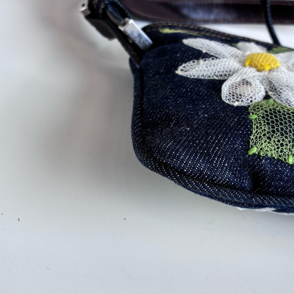 Fendi Baguette Denim Lace Flower Baguette Crossbody Bag 99% New Size: 30*12 Dark Blue