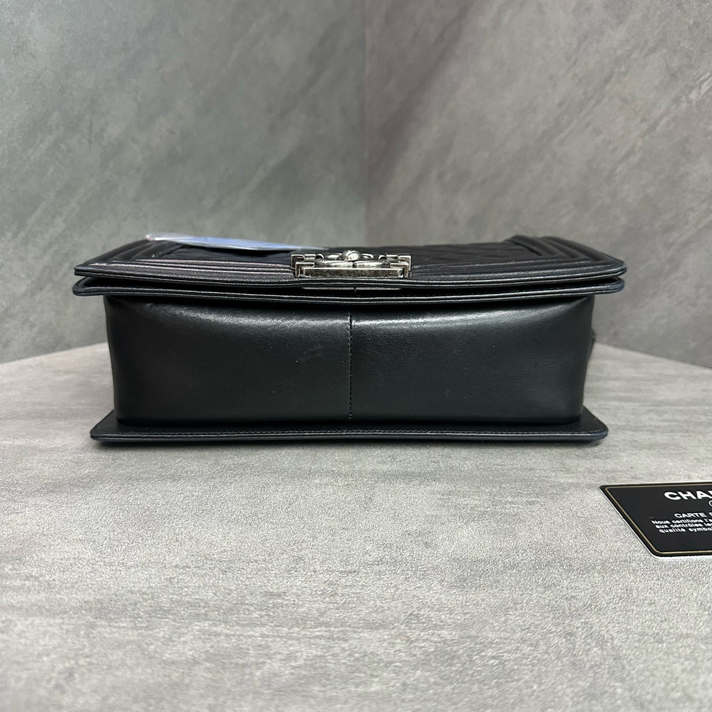 Chanel leboy medium black and silver lambskin chain bag, 16-series with card, structured shape, clean interior