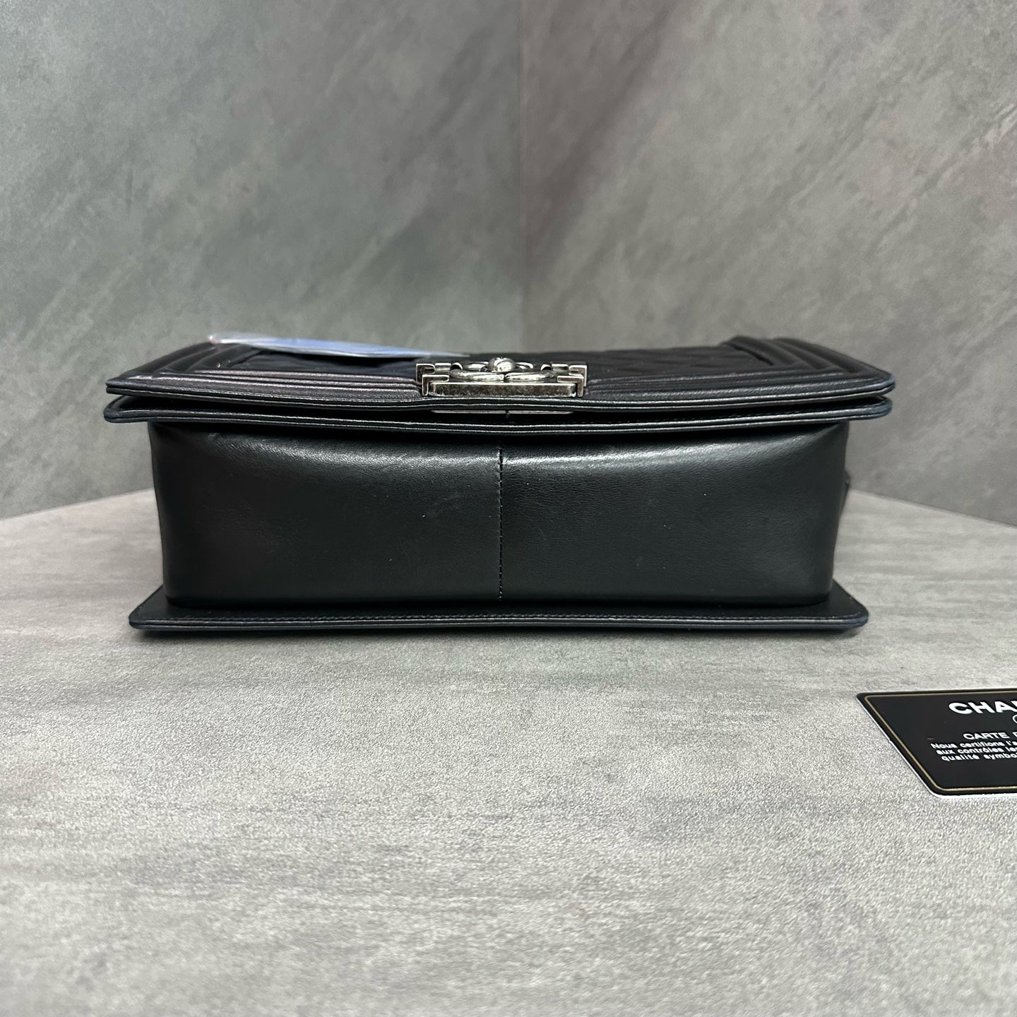 Chanel leboy medium black and silver lambskin chain bag, 16-series with card, structured shape, clean interior