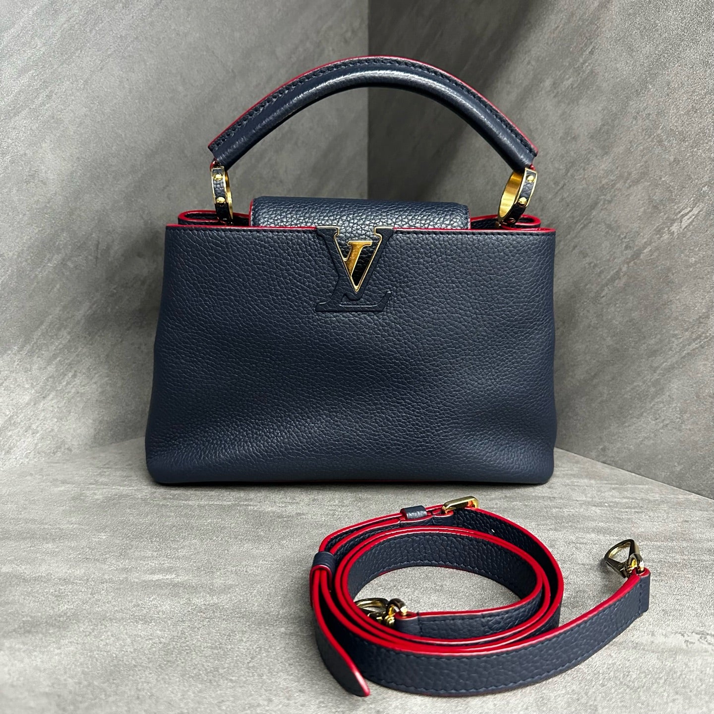 LV Dark Blue Capucines BB, Grained Calfskin, Gold Hardware, 2019 Serial Number, Adjustable Strap (Consignment)