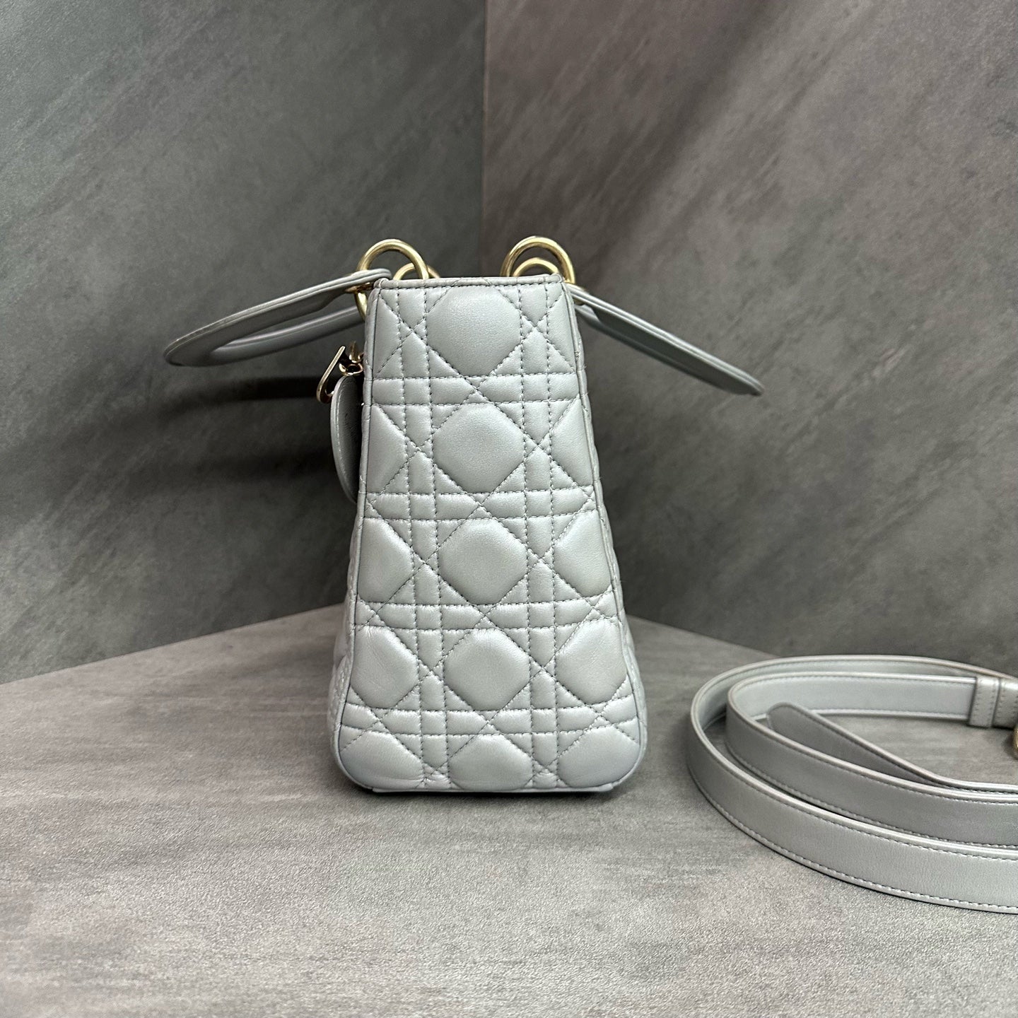 Dior Gray Lady Dior Bag with Adjustable Shoulder Strap, Structured Shape, Clean Interior.
