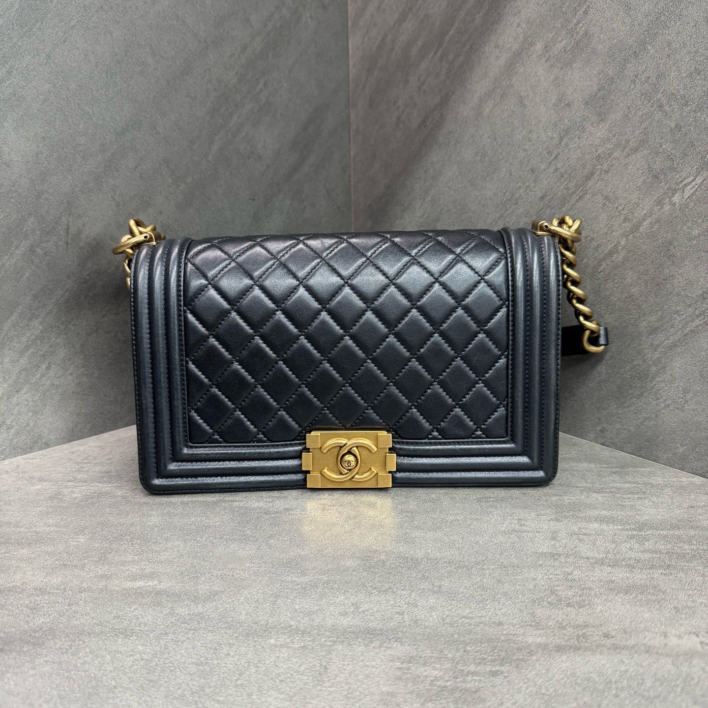 Chanel Black Gold Medium Leboy Lambskin, 19 Series, Structured Shape, Clean Interior, In Stock at Great Price