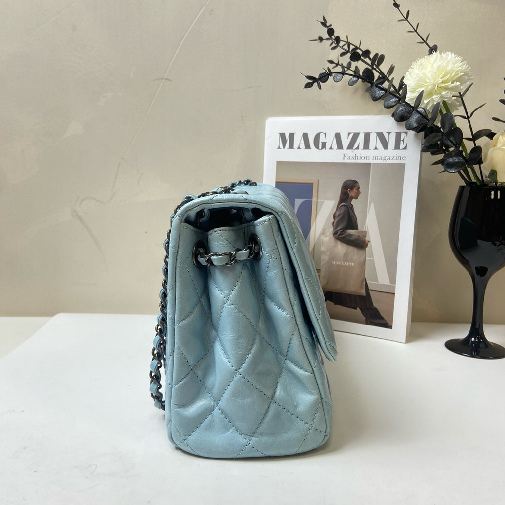 Chanel Blue Lambskin Jumbo CF Shoulder Bag 20, in 98% New Condition, Size 30.5*20.