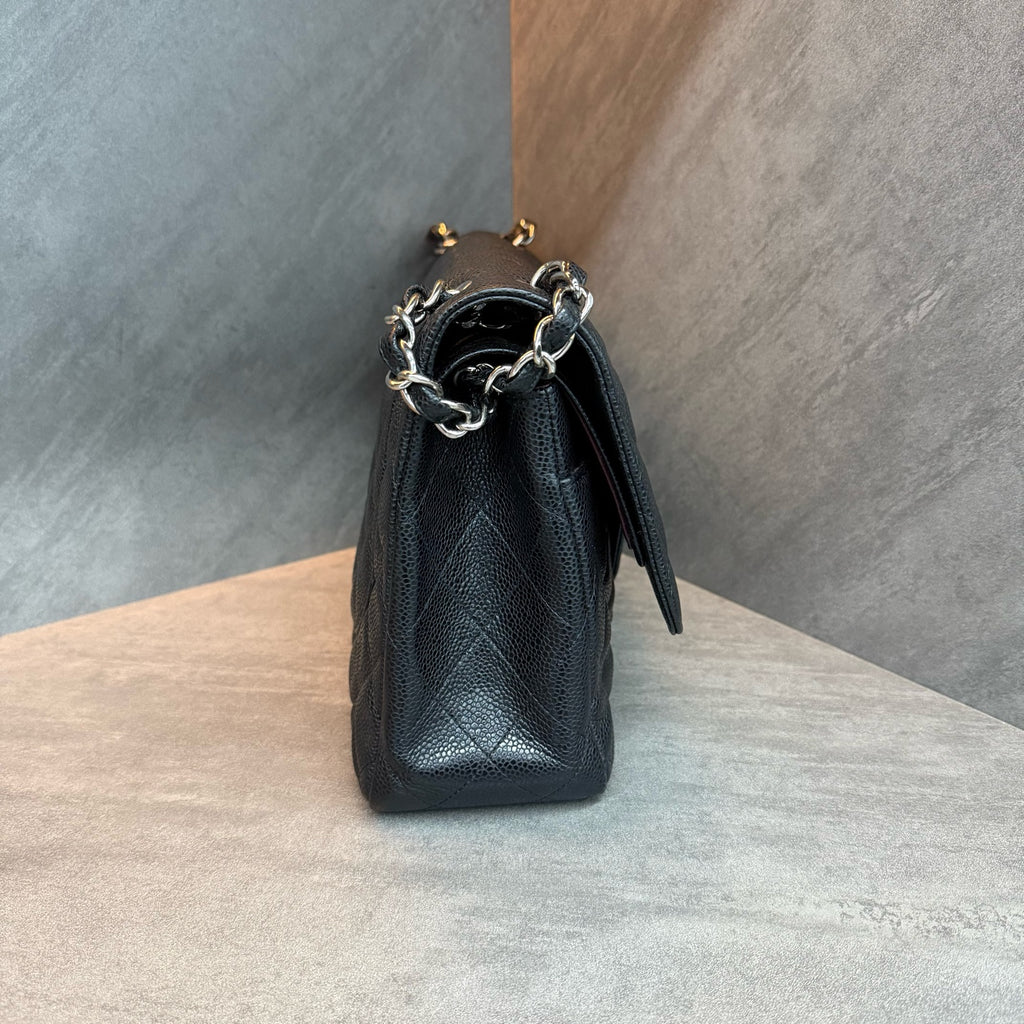 Chanel Jumbo Large Black and Silver Litchi Leather Bag with Three-Dimensional Shape, Clean Interior, 15 Openings.