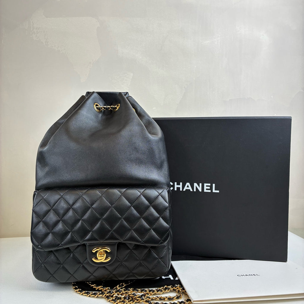Chanel 23 Opening Black Gold Drawstring Backpack Lambskin Jennie's Style Size 22*35.5