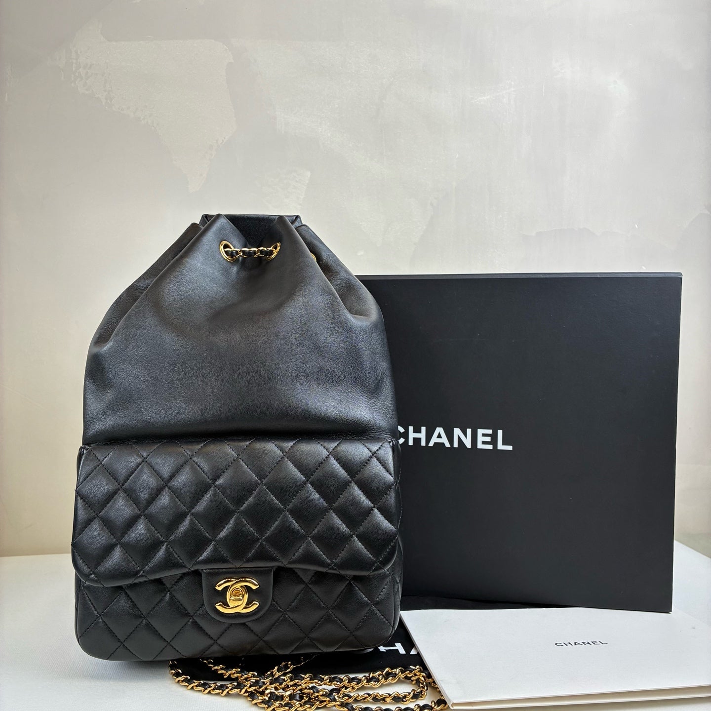 Chanel 23 Opening Black Gold Drawstring Backpack Lambskin Jennie's Style Size 22*35.5