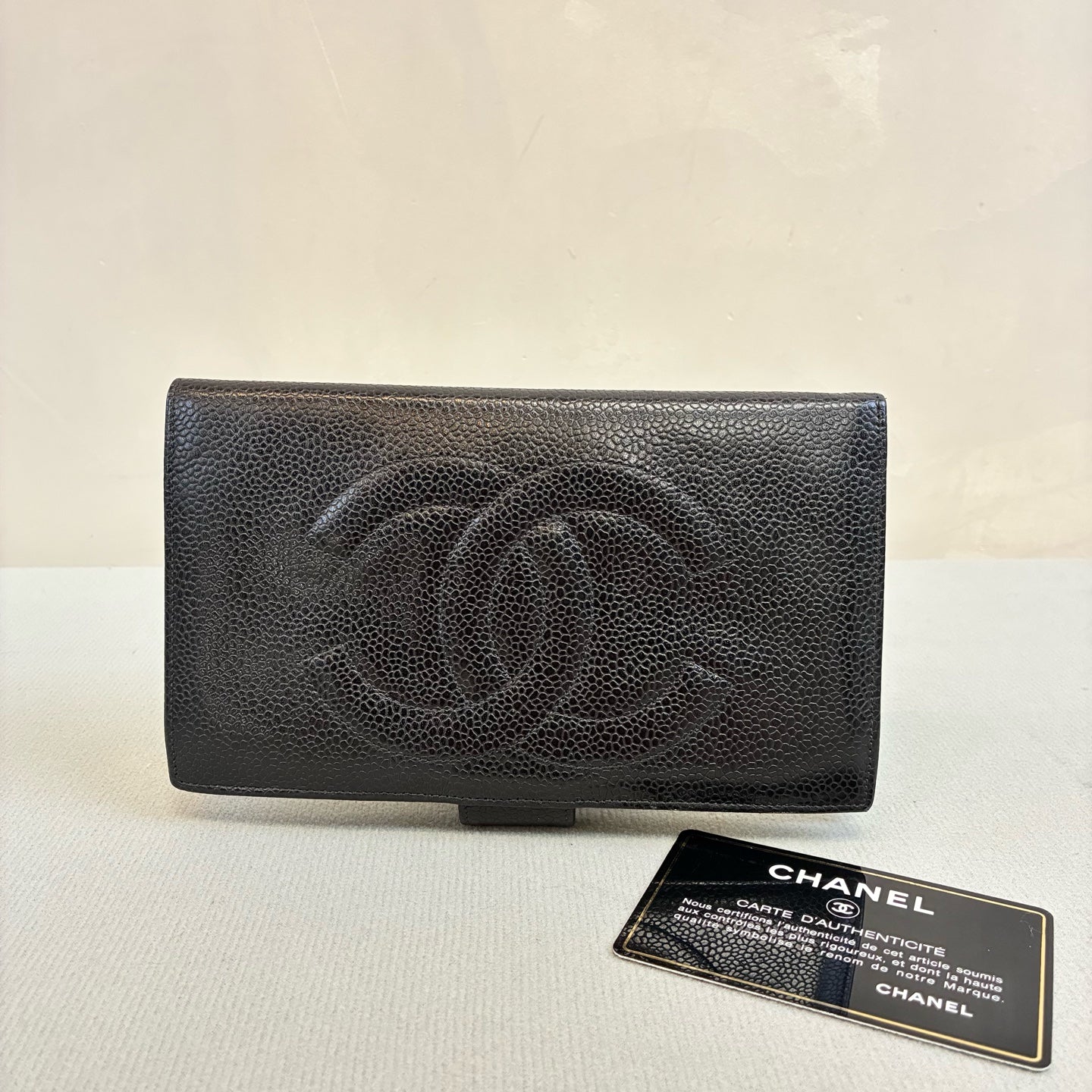 Chanel 4-Fold Vintage Wallet Litchi Grain Leather Black Size 18*10