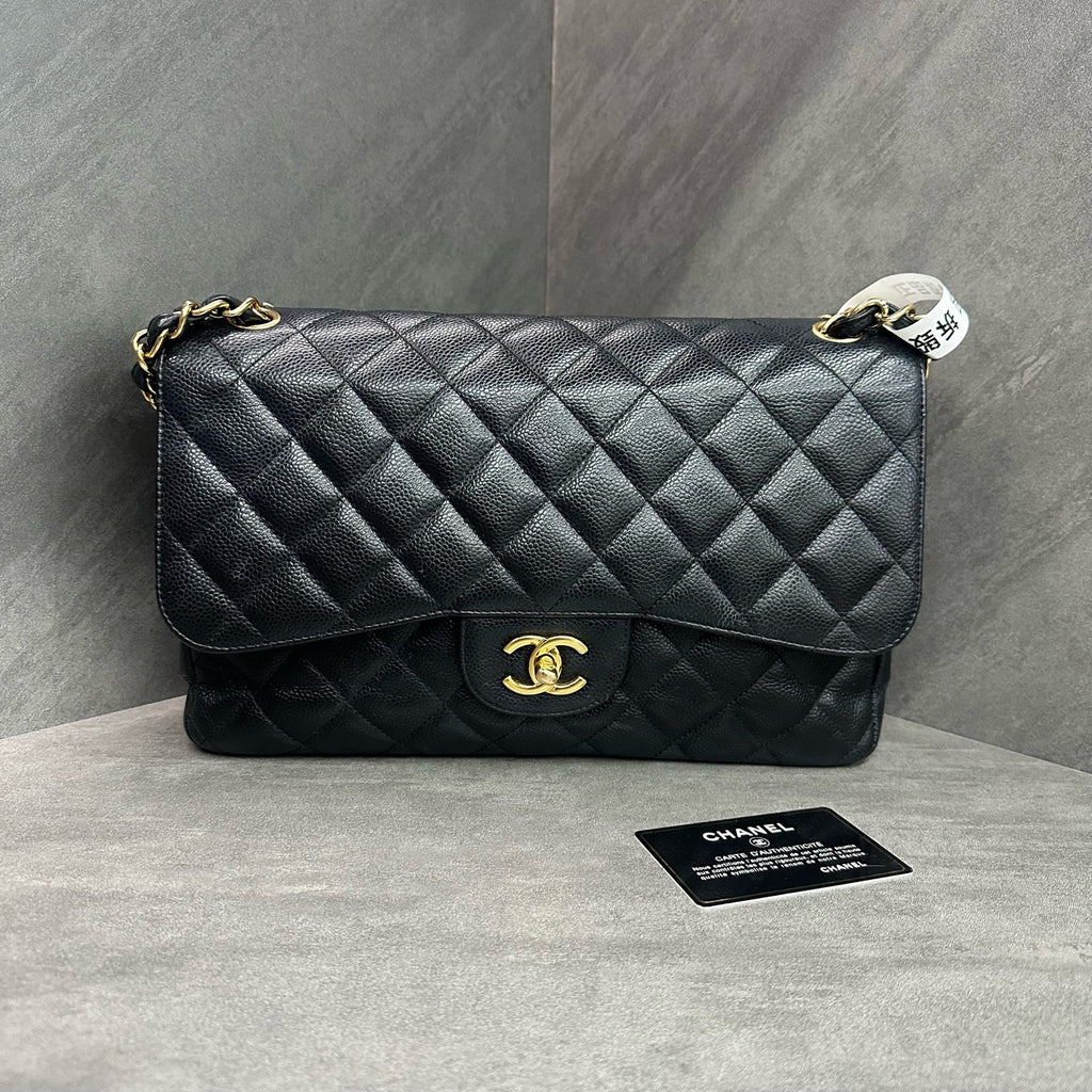 Chanel CF Jumbo black gold-tone clasp caviar leather chain bag, 24-series with authenticity card, structured silhouette, clean interior