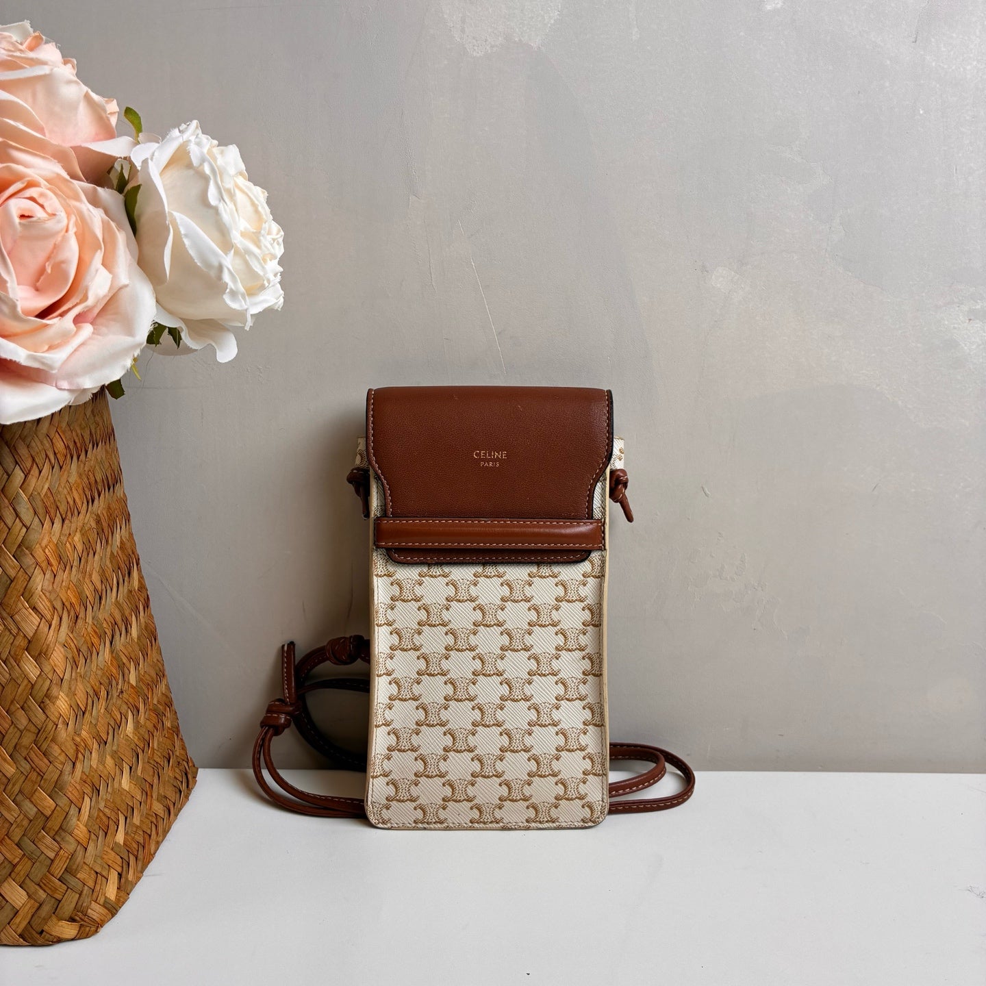 Celine Logo Vintage Lambskin Leather Flap Phone Bag Shoulder Bag 99% New Size: 10 x 18 x 2 Lambskin Material