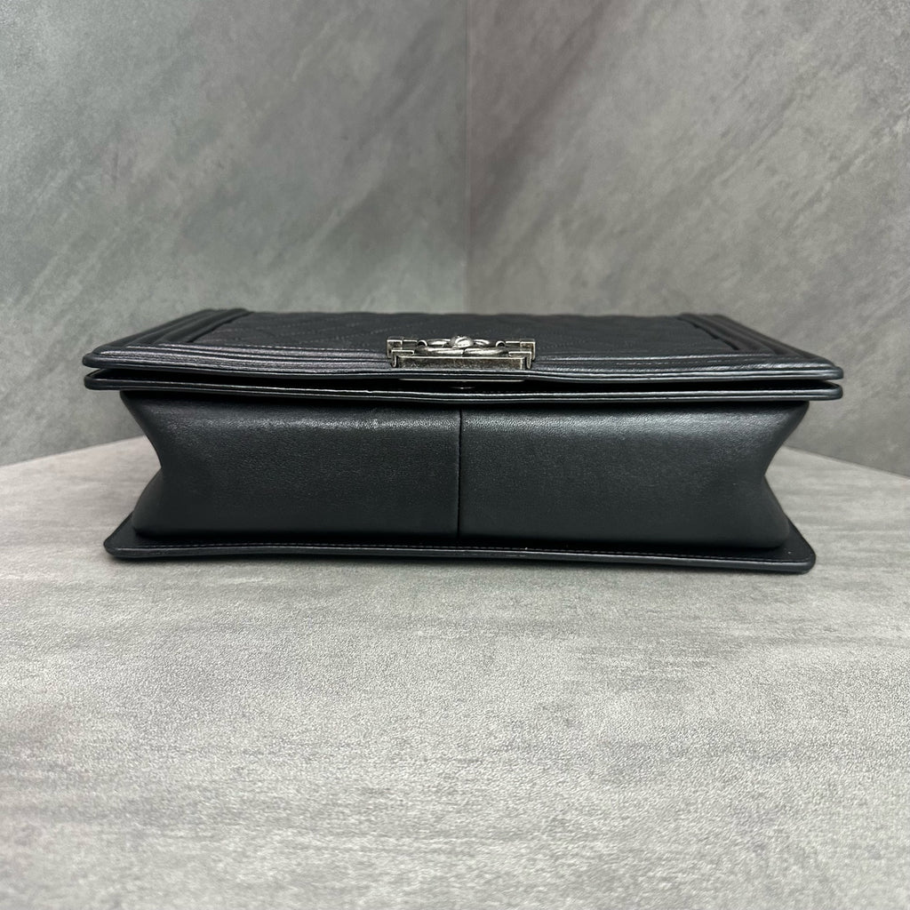 Chanel Le Boy Medium Large Black Silver Lambskin Chain Bag 20 Series, structured shape, clean interior.