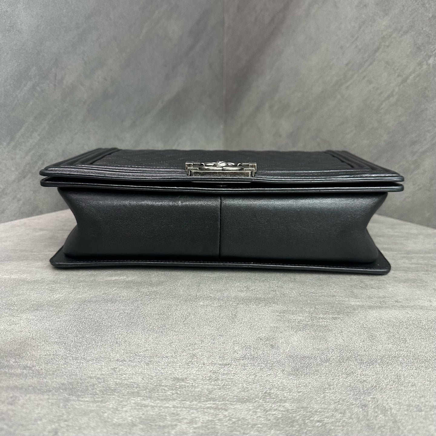 Chanel Le Boy Medium Large Black Silver Lambskin Chain Bag 20 Series, structured shape, clean interior.