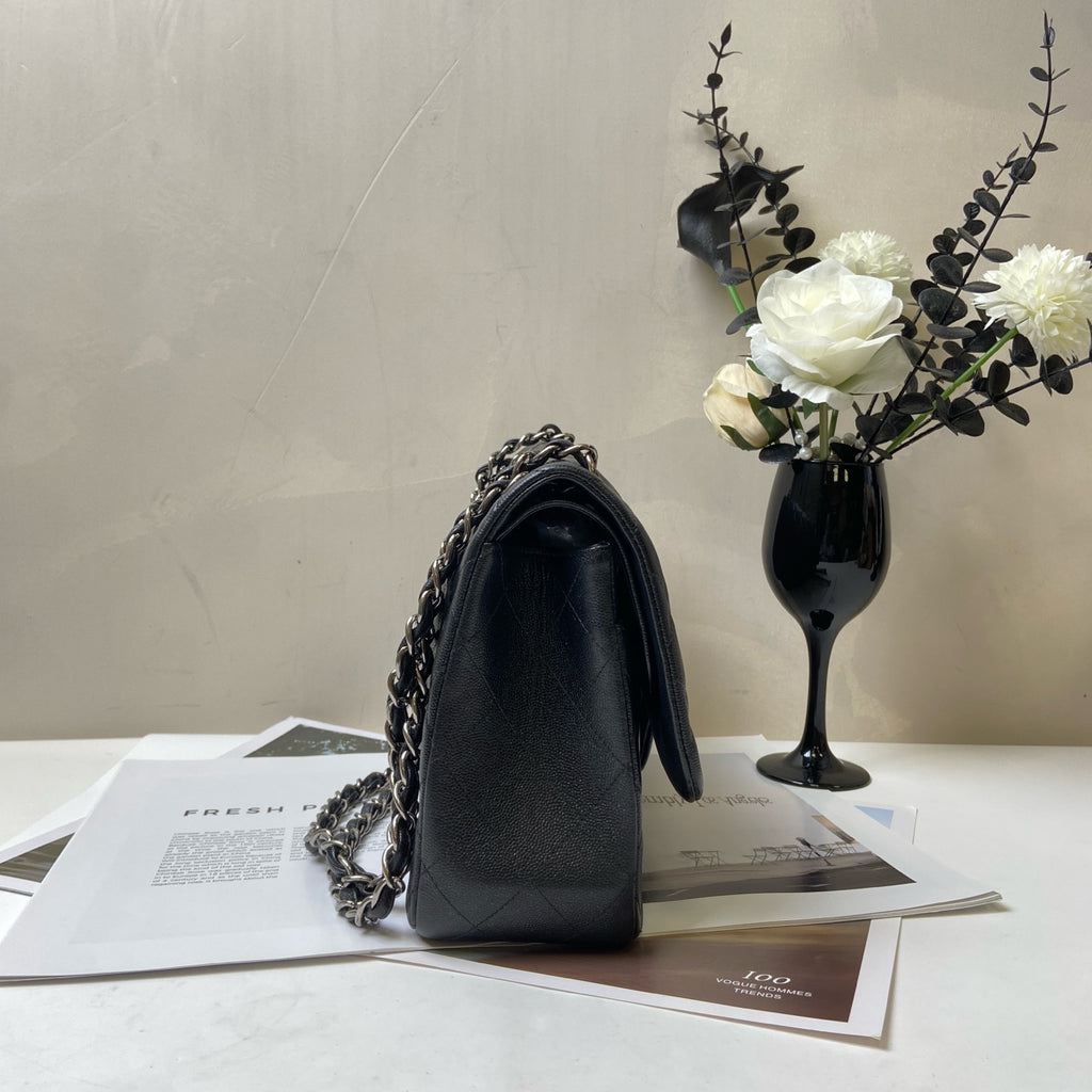 CHANEL 24K Black Silver Iridescent CF Chain Bag CF JUMBO Shoulder Bag 99% New Length of Bottom 30cm