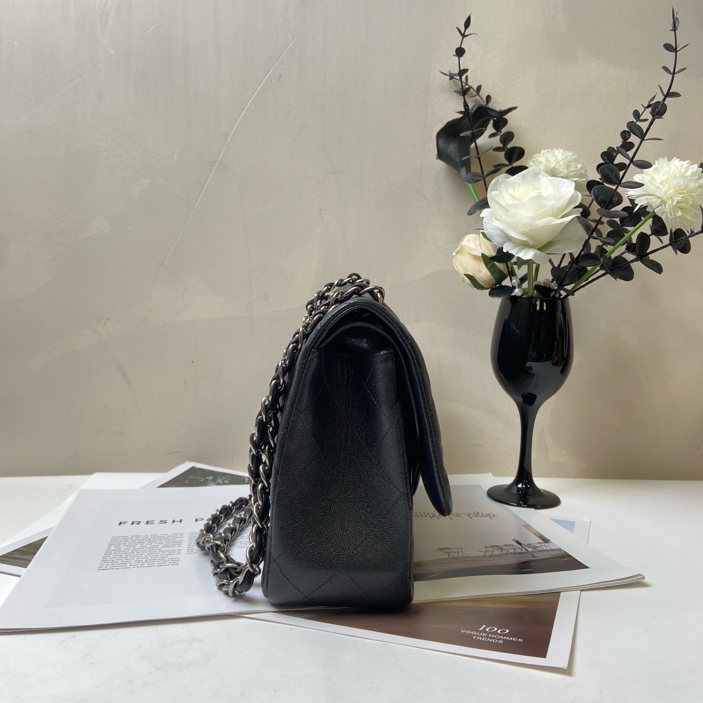 CHANEL 24K Black Silver Iridescent CF Chain Bag CF JUMBO Shoulder Bag 99% New Length of Bottom 30cm