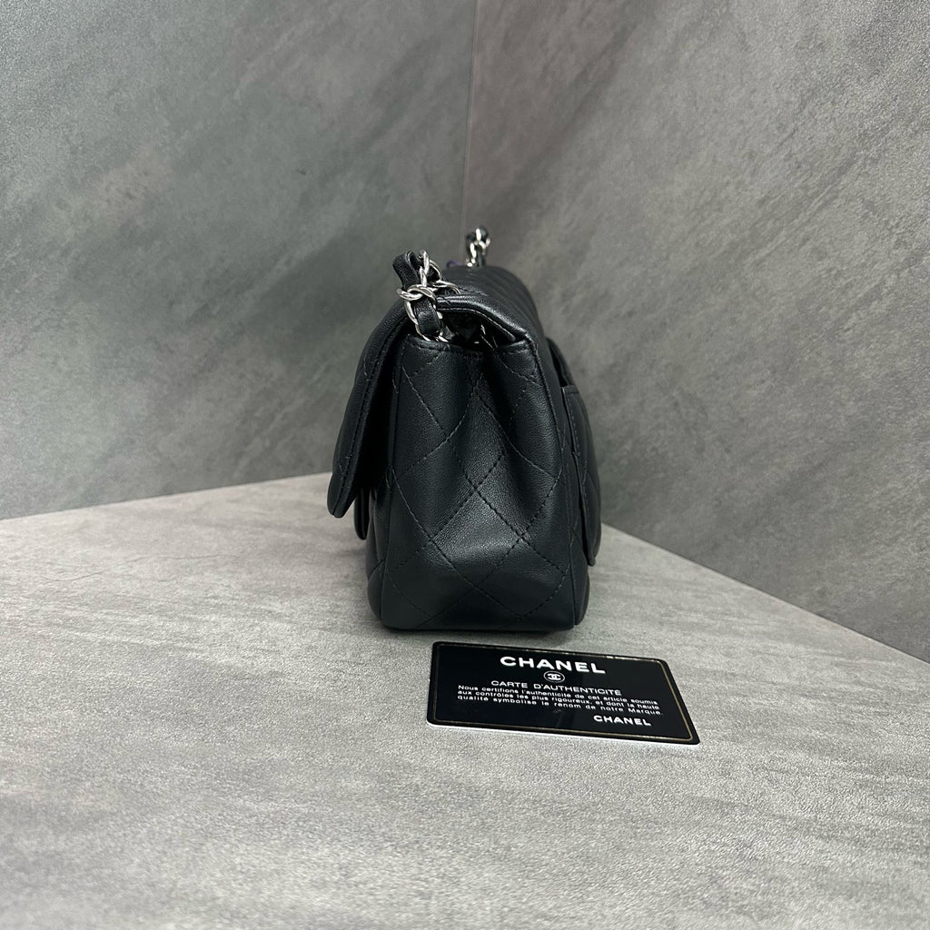 Chanel CF Square Flap Bag Black and Silver Lambskin Chain Bag 28 with Card. The bag has a structured shape and a clean interior.